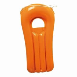An orange inflatable float with a centre hole and two grooves for seating. It features a handle for easier carrying.