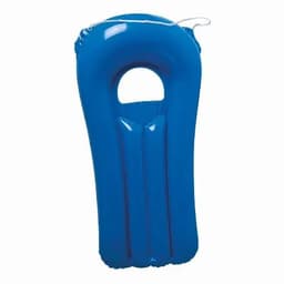 A blue inflatable float with a central opening and a streamlined design. It features a loop for easy handling.