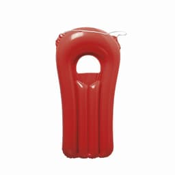 A red inflatable lounge with a handle and multiple air chambers for buoyancy.