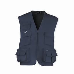A navy blue utility vest featuring multiple pockets and a front zip closure. It has an inner lining and a loop detail.