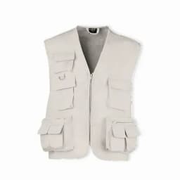 A light grey sleeveless vest featuring multiple pockets and a front zipper.