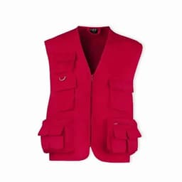 A red sleeveless vest featuring multiple pockets and a front zipper. It has a simple and functional design.