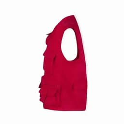 A red vest with multiple pockets and a sleeveless design, featuring a layered front.