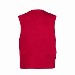 A red sleeveless vest with two pockets on the back. Features a simple design and bright colour.