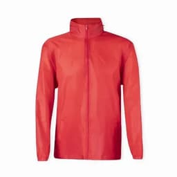 A red lightweight jacket with a full zip and high collar. It features long sleeves and a simple design.