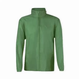 A green jacket with a full zip and high collar, featuring long sleeves and a simple design.