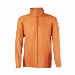 An orange jacket with a front zip and a collar, featuring long sleeves and side pockets.