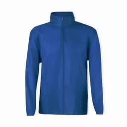 A blue jacket with a full zip and high collar, featuring long sleeves and a simple design.