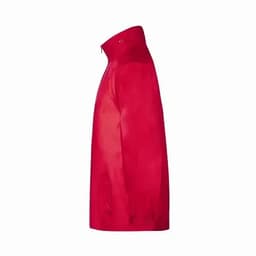 A red jacket with a high collar, featuring a sleek, streamlined design and a logo on the lower hem.