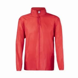 A red rain jacket with a zip front, long sleeves, and side pockets. It features a collar and is lightweight.
