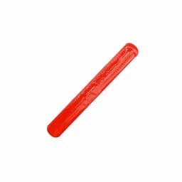 A reflective red safety baton with a smooth surface. It features a branding logo.