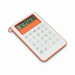 A calculator with a white body and orange accents features an LCD display and numerical keypad.