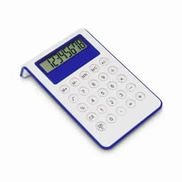 A calculator with a white body and blue accents, featuring a digital display and numeric keypad.