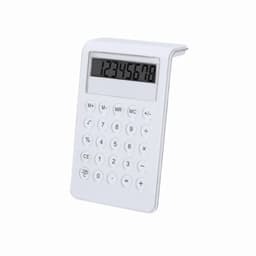 A white calculator featuring a large digital display and multiple buttons for calculations. It has a simple, minimalist design.