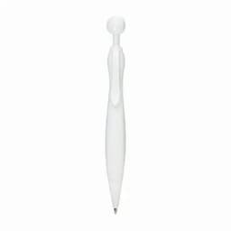 A white pen with a rounded top and a sleek design. It features a logo on its side.