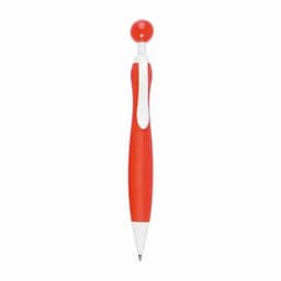 A red pen with a round cap and white accents, featuring a logo on its surface.