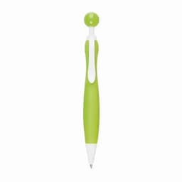 A green and white pen featuring a round top and a click mechanism. It has a sleek design and a logo.