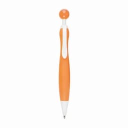 An orange pen with a smooth body, featuring a white clip and a rounded top. It has a logo on its side.