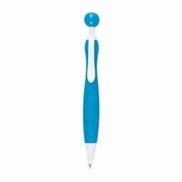 A blue pen with a white clip and a round top. It features a smooth design and a logo on the side.