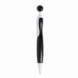 A black and white pen with a rounded top and a grip section. It features a clip for attaching to notebooks.