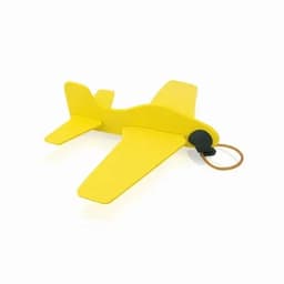 A toy airplane in bright yellow, featuring a rubber band launcher and a simple design.