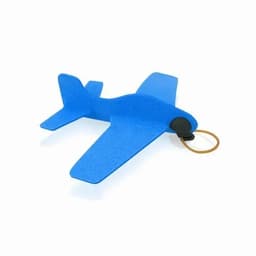 A blue foam aeroplane toy with a rubber band attached for launching. It features a simple design and a logo.