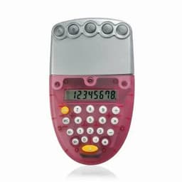 A pink and silver calculator with rounded buttons and a digital display showing numbers. It has a logo on the top.