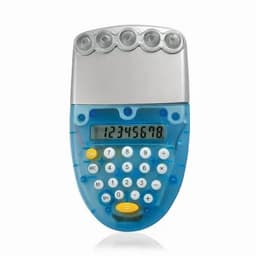 A blue and silver calculator with a large display and a number keypad, featuring five round buttons at the top.