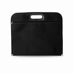 A black laptop bag featuring a handle and a zippered compartment at the front.