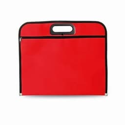 A red carry bag with a black zipper and handle, featuring a flat, rectangular design.
