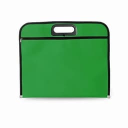 A green carrying case with a zip closure and a handle, featuring a black trim.