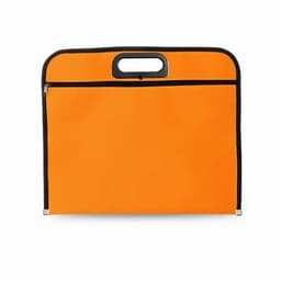 An orange carry case with a handle and a zippered pocket. It has a simple, functional design.