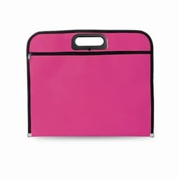 A pink portfolio with a black zipper and handle, featuring a simple, sleek design.