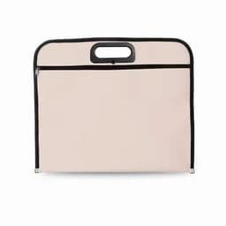 A carry bag in light beige with a black zip and handle, featuring a simple, minimalist design.