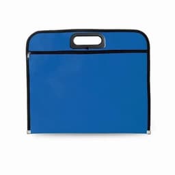 A blue carry bag with a handle and a zipper pocket, featuring black trim. It has a simple, sleek design.