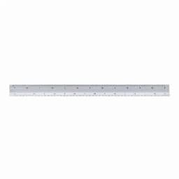 A ruler in clear plastic with metric and imperial measurements, featuring a subtle branding logo.