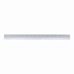 A clear plastic ruler featuring metric and imperial measurements, with a logo on one side.