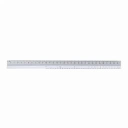 A clear plastic ruler with metric and imperial measurements, featuring a branding logo.