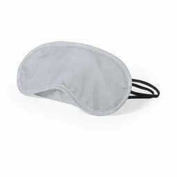 A sleep mask in grey with black elastic straps and a simple logo, designed for comfort during rest.