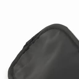 A black fabric pouch with a smooth, sleek surface and a stitched edge, featuring a rounded corner.