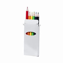 A pack of coloured pencils featuring six vibrant colours, presented in a white holder with an oval cut-out. 