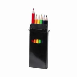 A set of coloured pencils arranged in a black packaging with a cut-out design. Seven varying colours are visible.