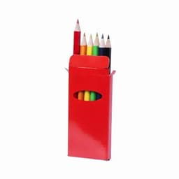 A set of coloured pencils in a vibrant red box, featuring various colours, including blue, green, yellow, and red.