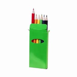 A pencil case in vibrant green containing six coloured pencils, including red, yellow, and blue.