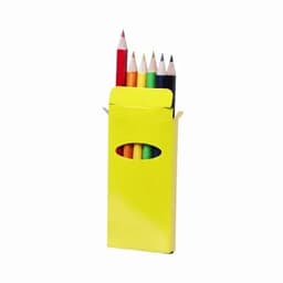 A pack of coloured pencils in various hues, presented in a bright yellow box with an open front.