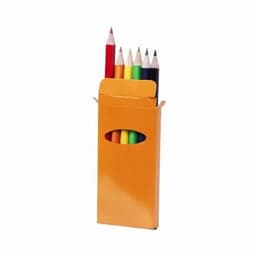 A pencil case containing various coloured pencils, including red, green, yellow, blue, and black, in an orange box.