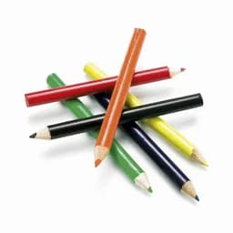 A set of coloured pencils in red, orange, yellow, green, black, and blue, arranged in a cross formation.