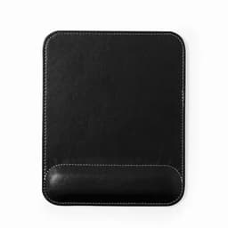 A rectangular black leather mouse pad with a smooth surface and stylish white stitching.