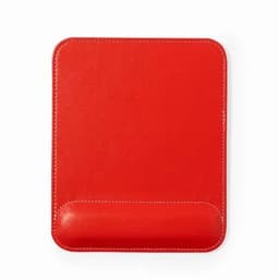 A red promotional product with a smooth surface and rounded corner. Features stitching detail and a branding logo.