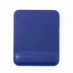 A blue promotional product featuring a smooth surface and rounded bottom edge, with visible stitching and a logo.